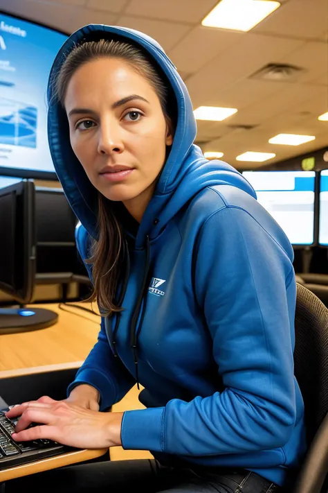 a realistic photograph of beautiful (Wh1tn3y:1.1) woman,as an cyberhacker,wearing a (neon blue hoodie:1.2)and(black jeans:1.2),sitting at a computer terminal,in a technology lab,cracking secret cryptologic codes,surrounded by large computer displays with network maps of the world,action pose,dramatic,facing viewer,serious expression on face,photorealistic,volumetric lighting,cinematic lighting,indoor,sony a7,35mm,hyperrealistic,big depth of field,concept art,colors,hyperdetailed,hyperrealistic,(big depth of field),(golden hour),(ambient light),PA7_Portrait-HL,<lora:Wh1tn3y_01B-000002:1.0>,