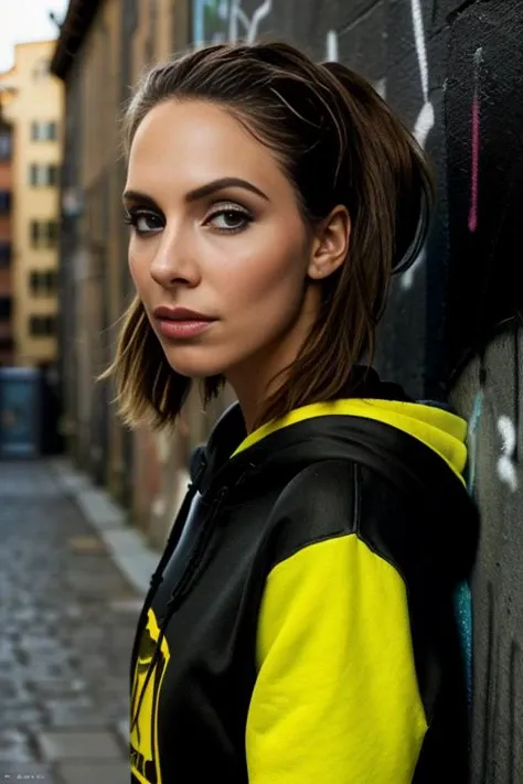 a digital photograph of beautiful(Wh1tn3y:1.1) woman,as a beautiful skater grrl,1girl,wearing a (black hoodie:1.3) and (tuscany yellow cutoffs:1,1),holding a can of brawndo thirst mutilator sports drink,standing against a wall with (graffiti art by Banksy:1.2),in a narrow cobblestone alleyway,skateboard,(dark brown lipstick,makeup and eyeshadow:1.1),(low angle),fashion magazine photoshoot,as seen in (vogue magazine),sharp focus,detailed eyes,(highly detailed),(HDR),(8k wallpaper),colorful,vivid color,intricately detailed,highres,absurdres,hyper realistic,8K UHD DSLR,Fujifilm XT3,taken with (Canon EOS 1Ds camera),extremely intricate,dramatic,(looking at viewer),4k textures,elegant,(cinematic look),hyperdetailed,cyberpunk style,PA7_Portrait-MS,<lora:Wh1tn3y_01B-000002:1.0>,