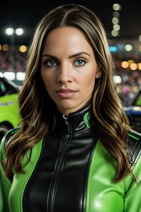 a sports photograph of beautiful(Wh1tn3y:1.1) woman,as a NASCAR race car driver,wearing a (lime green) racing firesuit,standing next to racing stock car,parked in victory lane,holding championship trophy,speedway in background,sports magazine photoshoot,sharp focus,detailed eyes,(highly detailed),(HDR),(8k wallpaper),colorful,intricately detailed,highres,absurdres,hyper realistic,8K UHD DSLR,Fujifilm XT3,taken with (Canon EOS 1Ds camera),extremely intricate,dramatic,(looking at viewer),4k textures,hyperdetailed,PA7_Portrait-MS,<lora:Wh1tn3y_01B-000002:1.0>,