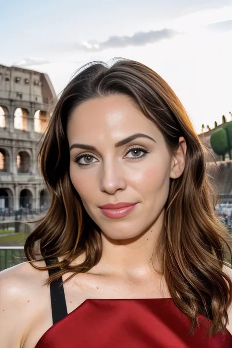 a professional photograph of beautiful (Wh1tn3y:1.1) woman,as a beautiful tour guide,wearing a (russet brown) dress,standing in front of the (Colliseum in Rome:1.3),sunny sky with few clouds,tourist crowds in background,long hair,(mahogany red)lipstick,makeup and mascara,(upper body),Conde Nast travel magazine photoshoot,sharp focus,detailed eyes,(highly detailed),(HDR),(8k wallpaper),colorful,vivid color,intricately detailed,highres,absurdres,hyper realistic,8K UHD DSLR,Fujifilm XT3,taken with (Canon EOS 1Ds camera),extremely intricate,dramatic,(looking at viewer),4k textures,elegant,hyperdetailed,PA7_Portrait-MS,<lora:Wh1tn3y_01B-000002:1.0>,