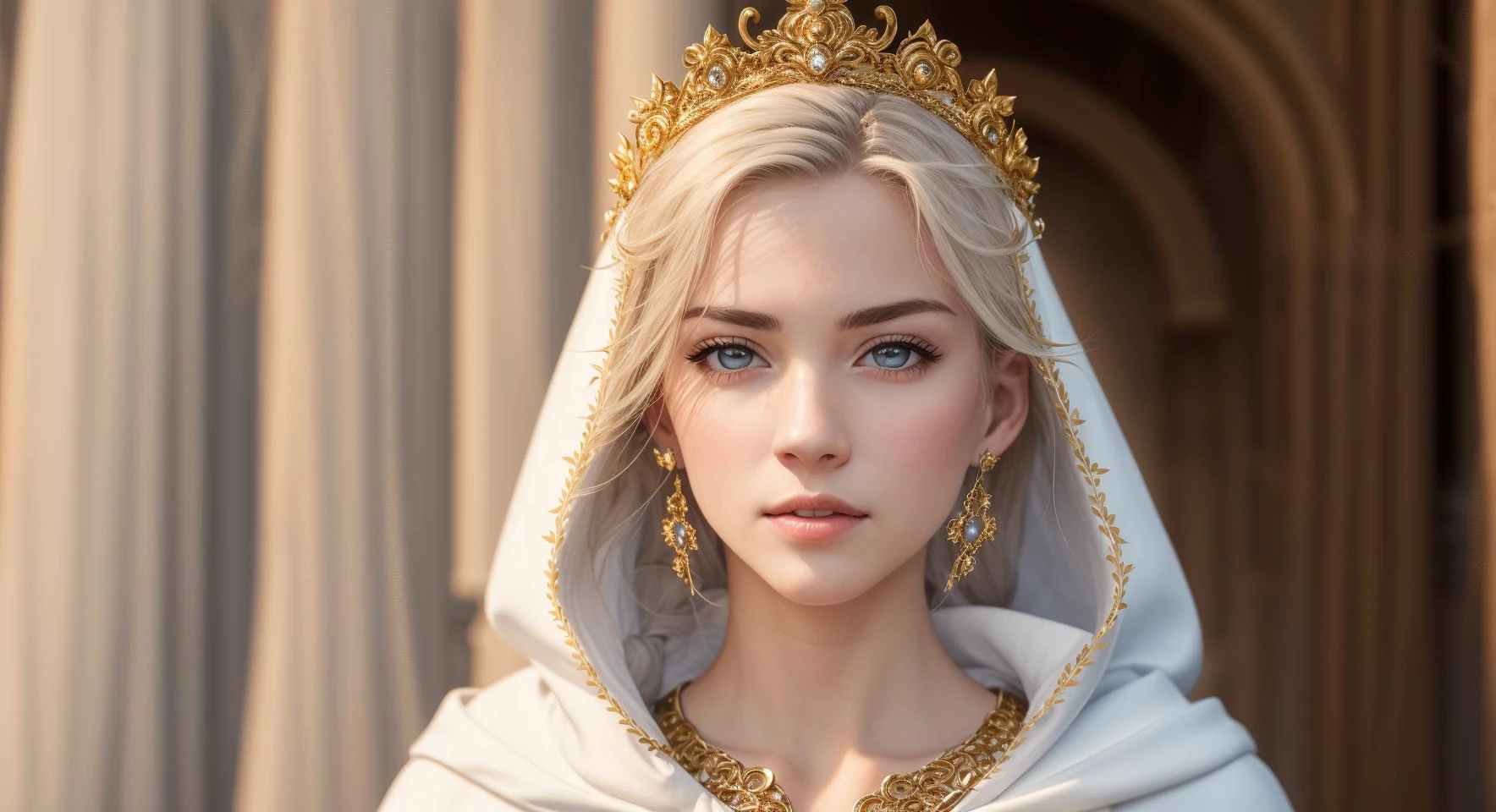 (masterpiece:1. 0), (best quality:1. 4), (ultra highres:1. 2), (photorealistic:1. 4), (8k, RAW photo:1. 2), (lora:openjourneyLora 1. 0) (full body shot) (european: 1. 2), (sharp focus:1. 4) (insanely detailed), (detailed pupils:1. 1), detailed face and eyes, (highly detailed photo:1. 2), photorealistic, hyperrealism (golden head locks, ecstatic:1. 1), (age woman:1. 1), (light blue long hairs) 2 long braids, elven tiara circlet bracelet armlet amulet, white eyes, c-cup boobs, long white dress, golden ornament ((white cloak)), 5 digits fingers, very pale bluish white skin, tiny waist, gold leaf circlet, thick thighs, (high heels: 2), raining gold dust (depth of field) (sit on intricate throne), huge hall columns, (volumetric lights), guarded by stone golem