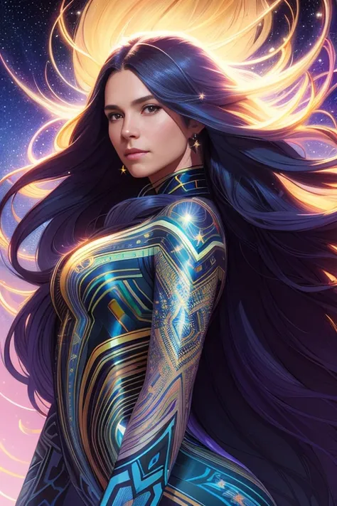 aurora, woman with super long hair, hair becoming bright stars, intricate, highly detailed, digital painting, artstation, concept art, smooth, sharp focus, illustration, unreal engine 5, 8 k, art by artgerm and greg rutkowski and alphonse mucha