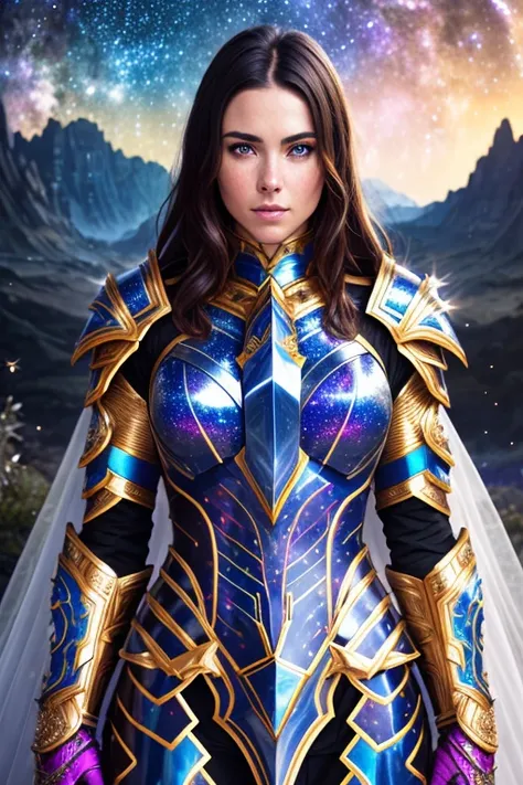 8k Medium shot of a beautiful woman in ((detailed Cosmic Armor)), (photorealistic face), ((ultra-detailed colorful armor)), pale skin, brunette, outdoors, ultra-realistic, highly detailed, photo-real, intricate details, cinematic lighting, epic scenery, ((elaborate epic starry background)), award-winning photography, EF 70mm Canon,