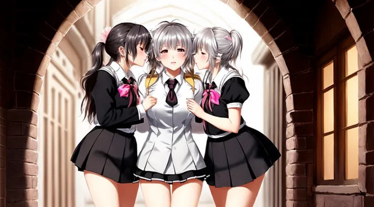 a detailed photograph of girls with messy hair. wearing school uniform . black-white-pink-silver-yellow colors, full dynamic color, close up character, intricate, kiss, hug, kissing breasts, short blonde hair, in a shadowed archway, (fairy tale) magical setting city alley, (night time) . lovers, 2girls, miniskirt, (open eyes), oil painting