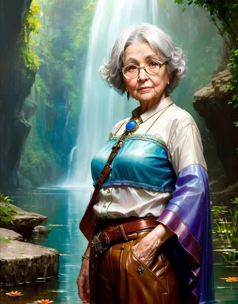 beautiful picture portrait of an (old woman:1.3) in cavern pond, full body view, rainbow color theme, (clear eyes) judging, (cinematic lighting), [detailed ambient light], [detailed face and eyes], (small_breasts), short_hair, clothing, leather_straps, ((looking at viewer)),((higher body and limbs detail):0.9), (realistic proportions), (sharp focus:0.9), (masterpiece), multi-tone, Ultra realistic, masterpiece, highest quality, ultra detail,adorable, absurd res, by Pino Daeni, by Ruan Jia, by Shiitakemeshi, by Alayna Lemmer, by Carlo Galli Bibiena, fantasy, anime, KAWAII, ANYTHING MODEL