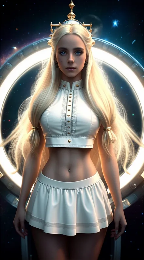 tiktok girl, close up (standing:1.21) blonde hair , long-hair , victorian era , white microskirt, crop top , in a space ship , jewelry, (full_body:1.4), (realistic:1.4), masterpiece, high quality, realistic lighting, center of frame, 8k, hdr, amateur, (freckles:0.84) , photography, amateur