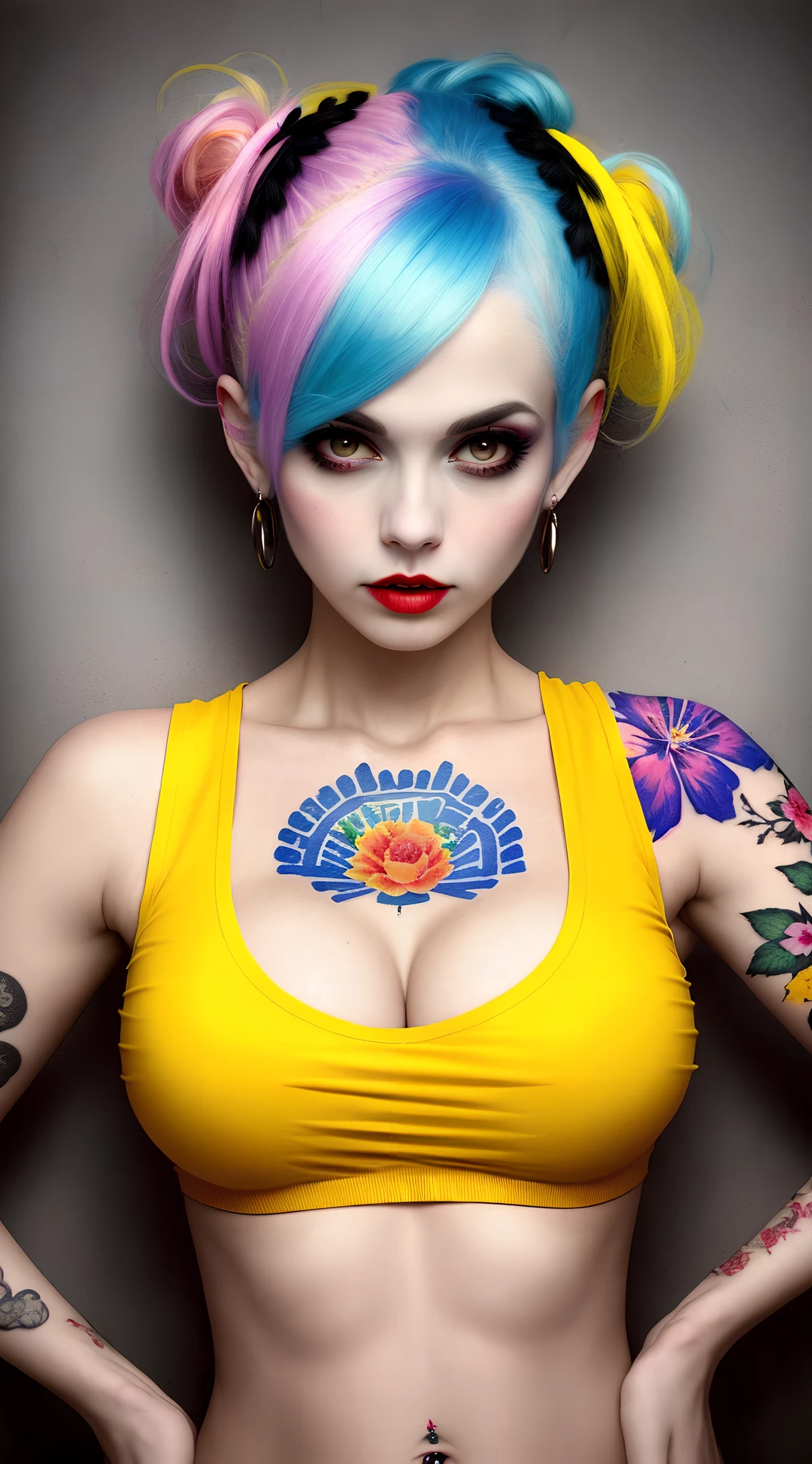 painting of a beautiful zombie girl with twigs and flowers in her hair. (from above:1.2) . deep cleavage, wearing a crop top , yellow-red-blue color, close up character, punk woman with runic tattoos. in a fantasy temple. slim, (small breasts), (t-shirt, open vest, midriff)