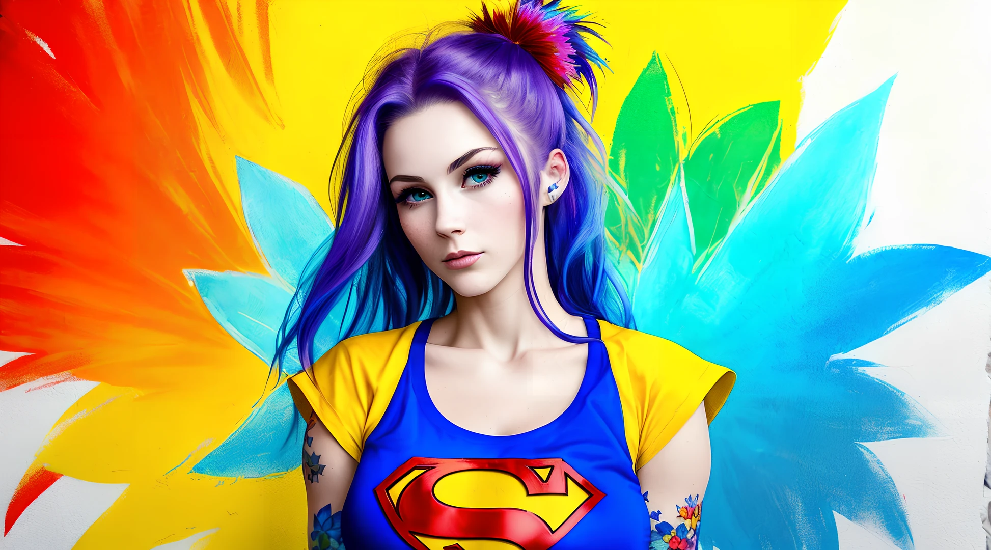 painting of a beautiful ( superhero ) girl with twigs and flowers in her hair. (from below:1.2) . deep cleavage, wearing a t-shirt , yellow-red-blue color, close up character, punk woman with runic tattoos. in a fantasy temple. slim, (small breasts), (t-shirt, open vest, midriff)