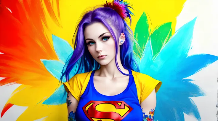 painting of a beautiful ( superhero ) girl with twigs and flowers in her hair. (from below:1.2) . deep cleavage, wearing a t-shirt , yellow-red-blue color, close up character, punk woman with runic tattoos. in a fantasy temple. slim, (small breasts), (t-shirt, open vest, midriff)