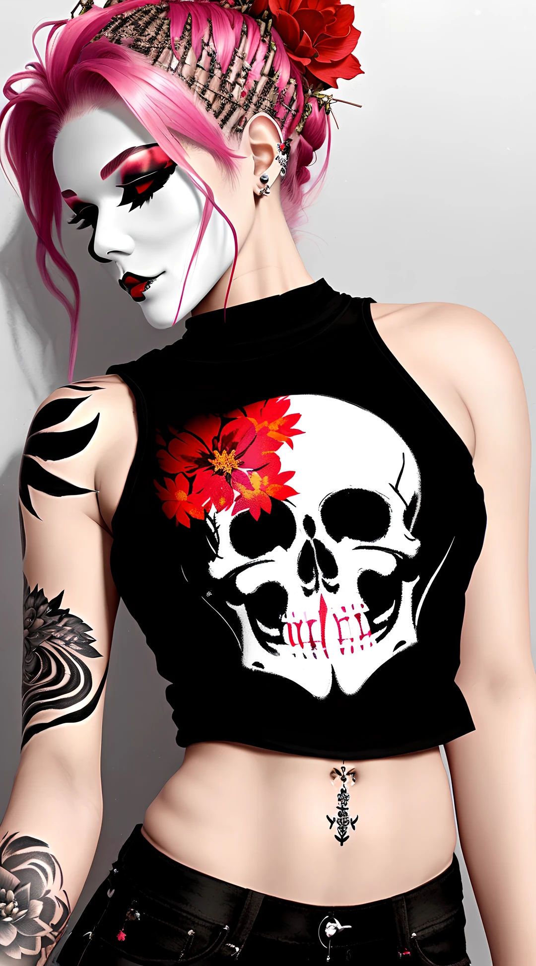 painting of a beautiful skeleton girl with twigs and flowers in her hair. (from above:1.2) . deep cleavage, wearing a open jacket , red-white-black color, close up character, punk woman with runic tattoos. in a fantasy temple. slim, (small breasts), (t-shirt, open vest, midriff)
