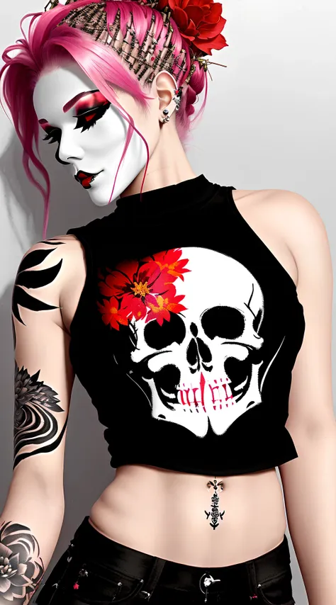 painting of a beautiful skeleton girl with twigs and flowers in her hair. (from above:1.2) . deep cleavage, wearing a open jacket , red-white-black color, close up character, punk woman with runic tattoos. in a fantasy temple. slim, (small breasts), (t-shirt, open vest, midriff)