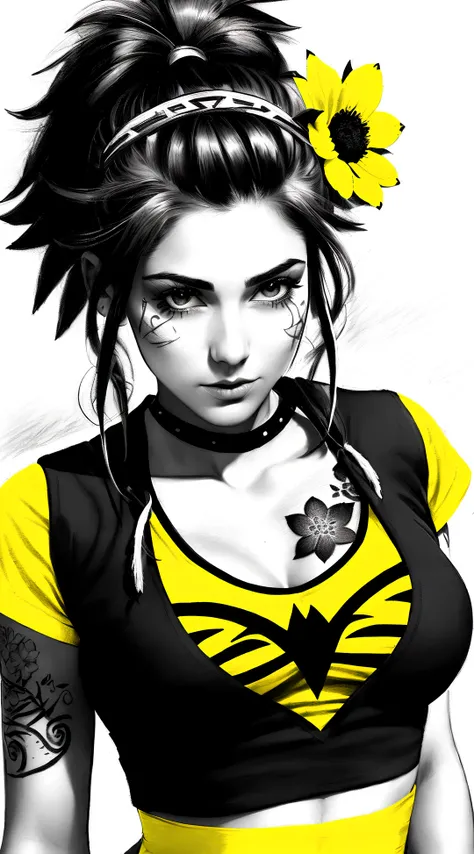 pencil (drawing) of a beautiful superhero girl with twigs and flowers in her hair. (from above:1.2) . deep cleavage, wearing a crop top , black-yellow-red color, close up character, punk woman with runic tattoos. in a fantasy temple. slim, (small breasts), (t-shirt, open vest, midriff)