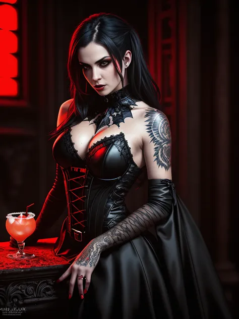 (extremely detailed 8k wallpaper)+, a long shot photo of a young woman gothic vampire, hall, (perfect breast), inside a dark castle, Intricate, High Detail, dramatic, best quality masterpiece, photorealistic, detailed, 8k, HDR, backlighting, bloom, light sparkles, chromatic aberration, sharp focus, stained glass, (many candles), volumetric light, (((red backlight))), ((cinematic style)), (gothic look details, gothic underworld), (((drinking a bloody cocktail))), (skin texture), ((bat on shoulder)), tatoo