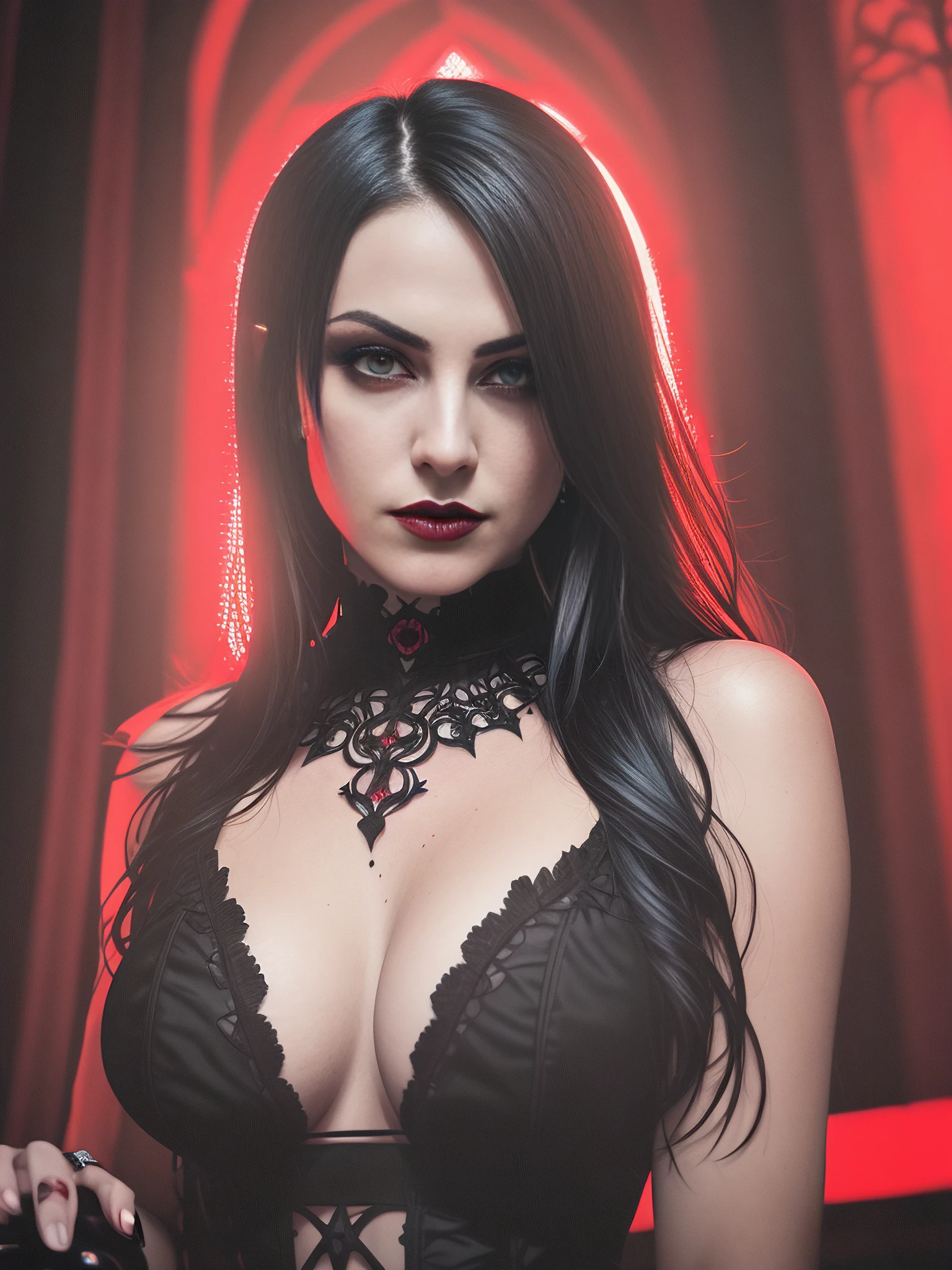 (extremely detailed 8k wallpaper)+, a long shot photo of a young woman gothic vampire, hall, (perfect breast), inside a dark castle, Intricate, High Detail, dramatic, best quality masterpiece, photorealistic, detailed, 8k, HDR, backlighting, bloom, light sparkles, chromatic aberration, sharp focus, stained glass, (many candles), volumetric light, (((red backlight))), ((cinematic style)), (gothic look details, gothic underworld), (((drinking a bloody cocktail))), (skin texture)