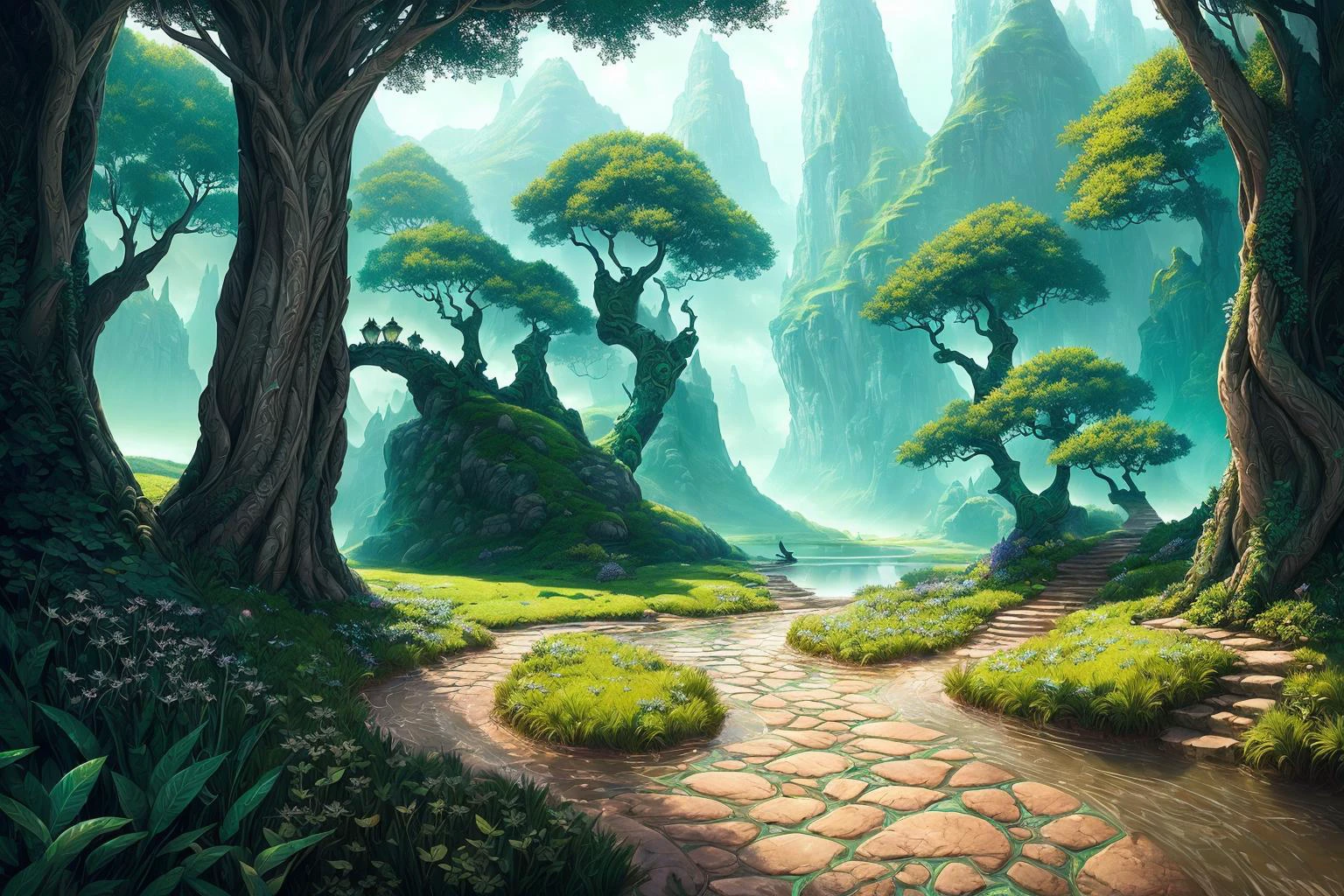 (no characters:1.4), (no people:1.4), fantasy coverart style, nvinkpunk Detailed landscape dndart, ((fantasy landscape)), (dnd concept environment art:1.4), ((fantasy vista only)), ((background only)), (no characters:1.4), perfect face, ((dnd landscape concept art)), sharp detail, sharpness, beautiful concept art, hyperdetailed, hyper realistic, magical subsurface scattering, Hasselblad Award Winner, Soft Diffuse Lighting, epic art, fine details, realistic shaded, intricate, elegant, award winning closeup landscape of a single (elven Duchy Teal and Green Hidden passages), soft glow, magic splatter, (Tyler jacobson:1.4) fantasy style, clean art, shaded flat illustration, digital art, highly detailed, fine detail, intricate