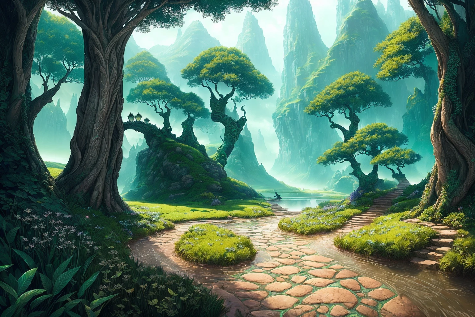 (no characters:1.4), (no people:1.4), fantasy coverart style, nvinkpunk Detailed landscape dndart, ((fantasy landscape)), (dnd concept environment art:1.4), ((fantasy vista only)), ((background only)), (no characters:1.4), perfect face, ((dnd landscape concept art)), sharp detail, sharpness, beautiful concept art, hyperdetailed, hyper realistic, magical subsurface scattering, Hasselblad Award Winner, Soft Diffuse Lighting, epic art, fine details, realistic shaded, intricate, elegant, award winning closeup landscape of a single (elven Duchy Teal and Green Hidden passages), soft glow, magic splatter, (Tyler jacobson:1.4) fantasy style, clean art, shaded flat illustration, digital art, highly detailed, fine detail, intricate