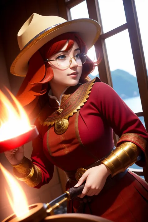 1girl, vibrant VRay, intricate details, MOBA style, medium shot of a flyweight traditional Western ([Matt Smith|Lugh]:1.3) , he is very Fairy-Tale and Fiery, he is inside a Decanter, he is yawning as a Highland Scotsman, Lugh is wearing his Fez, The Fez is Mauve and is made of Plating, he has traditional Dark ages hair, Lugh has a Tranquil traditional Nautical dark red Pipe, Magical Glasses, dense jungle and lava pit, at Golden hour, Bokeh, dark art, [ (fashion art by Davide Sorrenti:0.9) | (Ivan Marchuk:1.0) ], Contemporary, Cosy, Bronzepunk, Reflected light, Fish-eye Lens, Film grain, Decals, layered textures, natural skin texture, highly detailed face, unreal engine, 4K