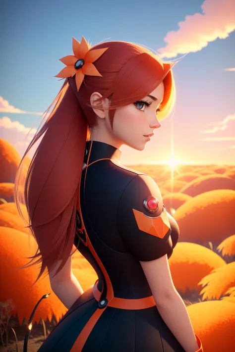 1girl, (illustration art stylized by Coby Whitmore:0.8) , grand Unity Engine, intricate details, over the shoulder shot of a Mediterranean ([Grass|Mulberry]:1.3) , it is very Plush and Loathsome, it is anthropomorphic reimagined as a pokemon game character gym leader character, it is forged by Victoria's Secret, lava pit and Vine background, lush forest and roots, Fall, horizon-centered, Grim, concept art, Anime, hair light, F/8, One Color, Neon and dark orange details, deep orange dust particles, Unsplash, trending on CGSociety, feminine