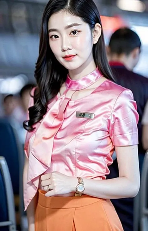 irene1, <lora:irene_V70:0.5>
cabin crew, Flight Attendant ,
long hair, large breasts ,
detailed beautiful face ,
highly detail face ,
beautiful white shiny humid skin ,
<lora:cabinCrewFlightAttendant_v10:0.8>,