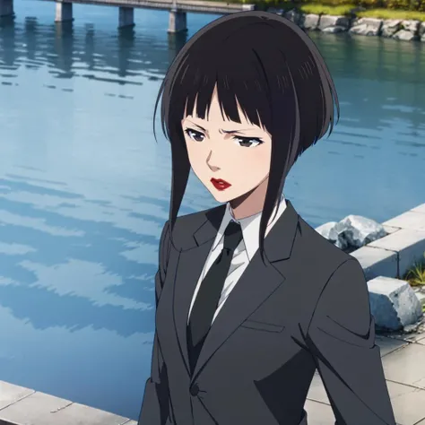 <lora:Amemiya001:0.7>,
Amemiya,1woman,solo,red lips,
frown,formal,suit,black jacket,collared shirt,black necktie,
river,