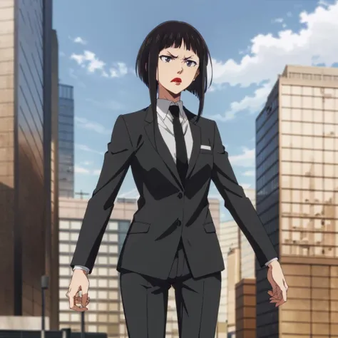 <lora:Amemiya002:0.7>,solo,
Amemiya,1woman,
red lips,
frown,formal,suit,black jacket,collared shirt,black necktie,
pants,
fashionable city,