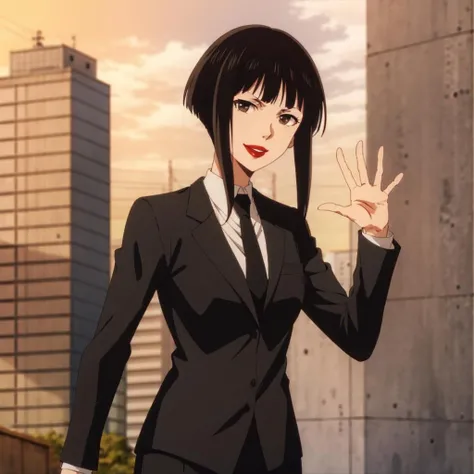 <lora:Amemiya002:0.7>,solo,
Amemiya,1woman,
red lips,
frown,formal,suit,black jacket,collared shirt,black necktie,
pants,
fashionable city,
looking at viewer,smile,hand up,