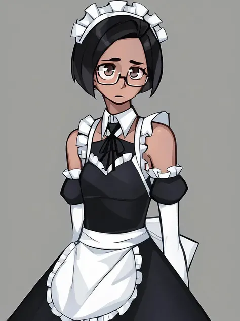 <lora:Bumblesteak-PonyXL-1024px:0.9>
score_5_up,
1girl, solo, standing, wearing (maid outfit, maid headdress, glasses), bare shoulders, detached sleeves, short black hair, bobcut