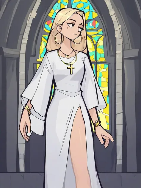 <lora:Bumblesteak-PonyXL-1024px:0.8>
score_5_up,
1girl, solo, standing, wearing (taut white robe, necklace, hoop earrings, bracelet), side-slit, church background, long blonde hair, cross