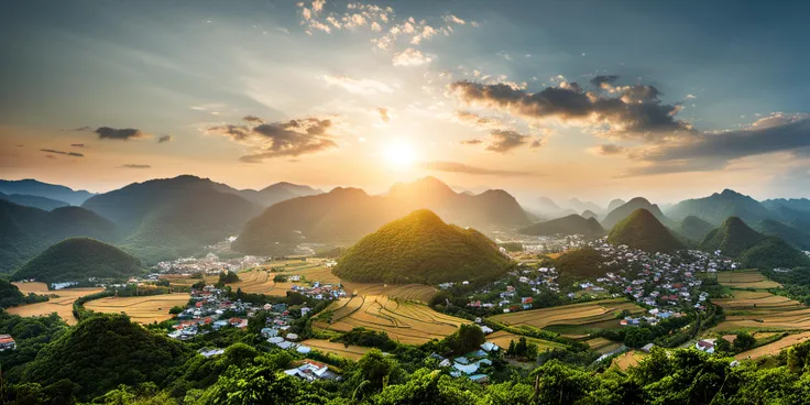 a view of a village and mountains from a hill top in the sun light, realicstic, bacsonvietnam, <lora:bacsonvietnam-000003:1>, (masterpiece,best quality:1.5), ultra realistic,32k,RAW photo,(high detailed skin:1.2), 8k uhd, dslr, soft lighting, high quality, film grain
