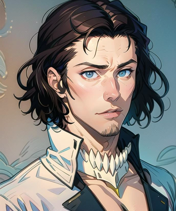 best quality, masterpiece, ultra detailed illustration, 1man, portrait, slim, <lora:Starrk:1>, Starrk,brown hair, grey eyes, white shirt, black collar,skeleton jaw necklace, <lora:Mild detail adjusterV10_4:1>
