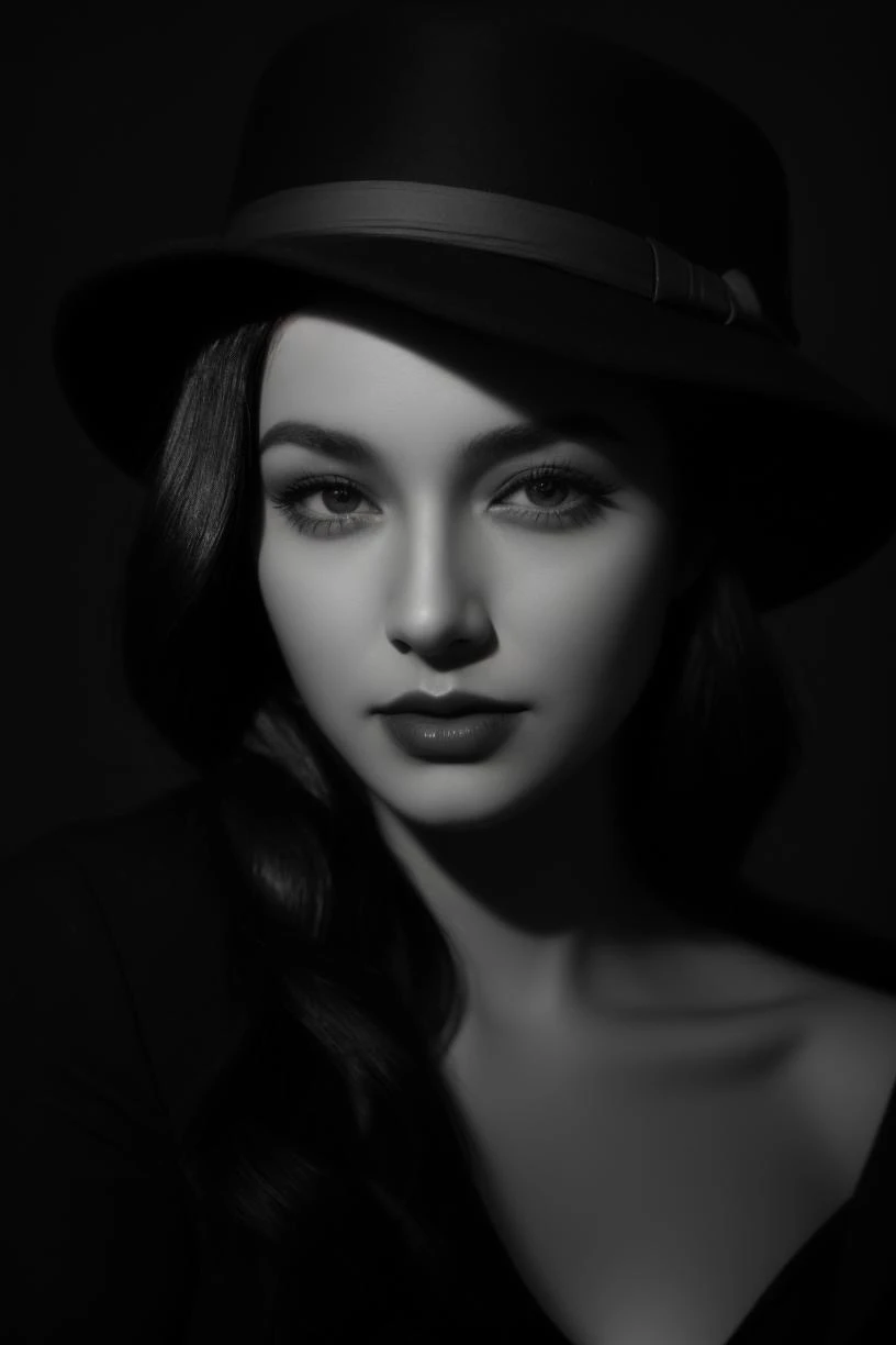 (beautiful woman),[film noir], [full-body shot], [black and white photo], [vintage], [fedora hat],[chiaroscuro lighting], [thriller], (beautiful perfect face),[detailed],[perfect human anatomy],[professional photography],[posing],[cinematic],[40s],[very old elegant clothes]