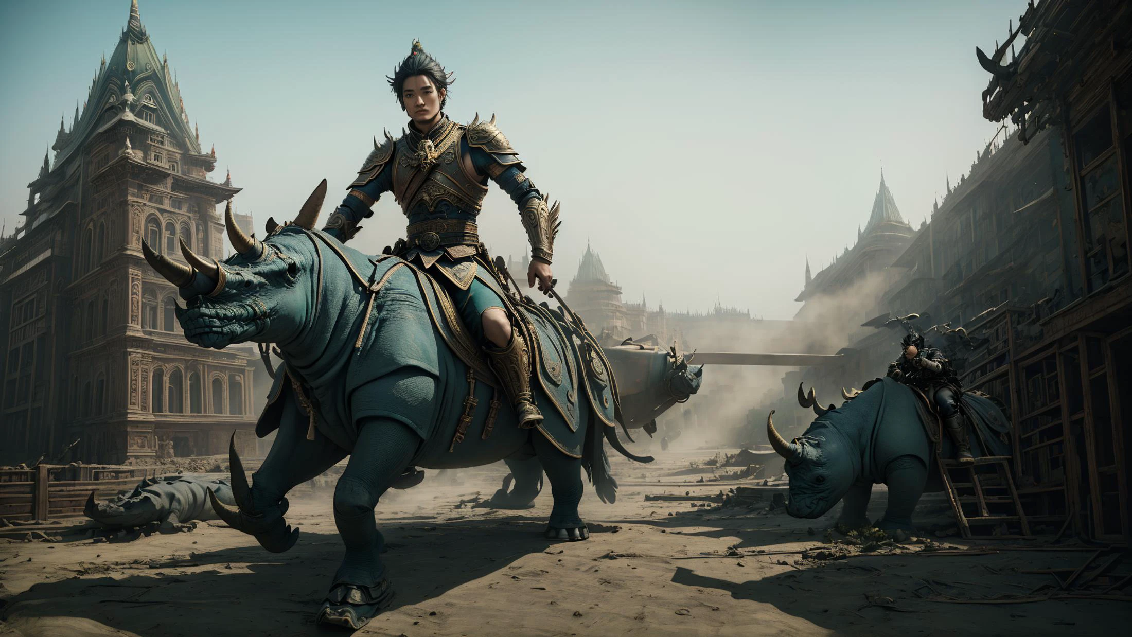 In a dystopian future, a Yughur princec, riding on a war rhino , looking at viewer, ultra detailed hands, perfect hands, afternoon, perfect lighting, best quality, ultra high res face & eyes, (masterpiece:1.6) <lora:Aztaka:1>