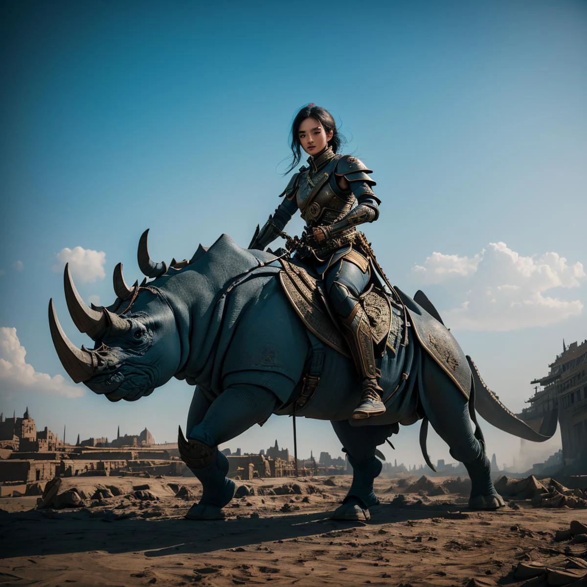 In a dystopian future, a Yughur princec, riding on a war rhino ,her warrier behind her, looking at viewer, ultra detailed hands, perfect hands, afternoon, perfect lighting, best quality, ultra high res face & eyes, (masterpiece:1.2) <lora:Aztaka:1>