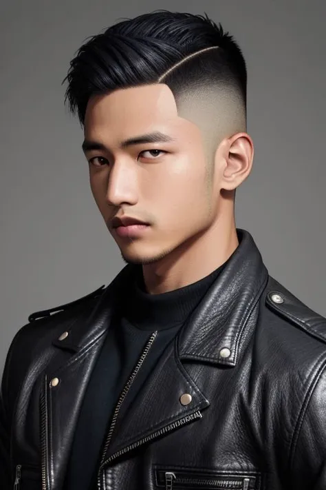 1man,Face of Pinoy , fade  hairstyles army , leather jacket , 8K UHD,  Handsome face