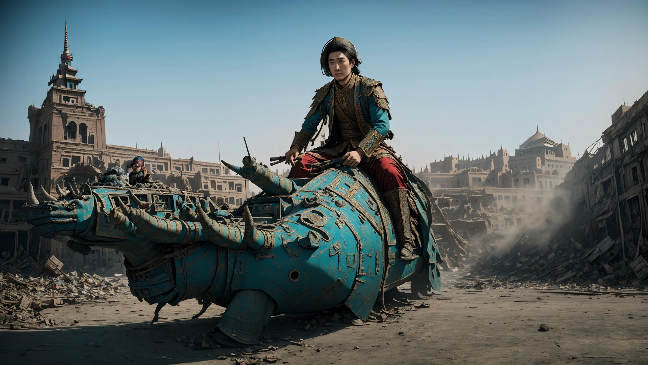 In a destroyed & dystopian futurer, uyghur prince, riding on a war rhino , looking at viewer, ultra detailed hands, perfect hands, late morning , perfect lighting, best quality, ultra high res face & eyes, (masterpiece:1.6) <lora:Aztaka:1>