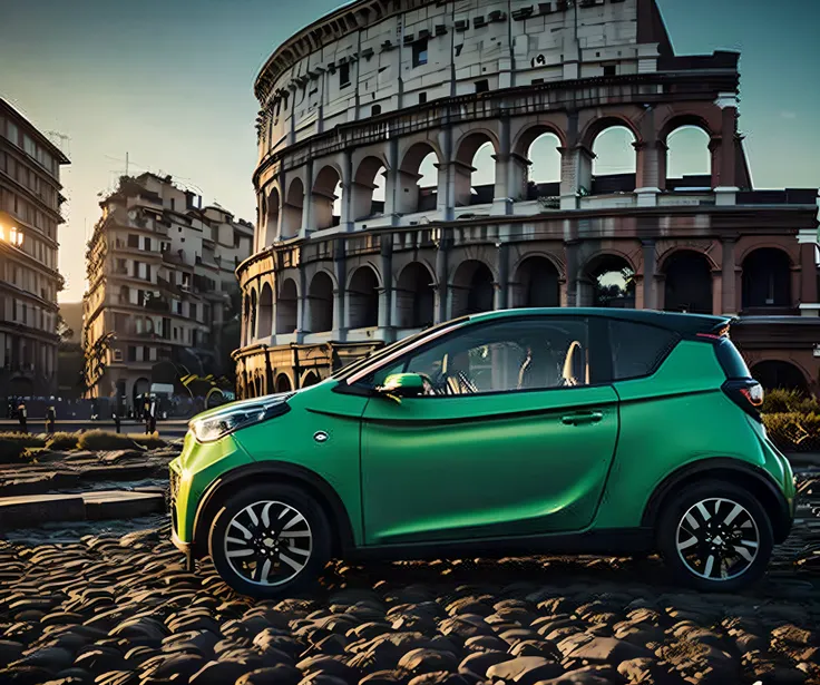 1(dr1 city car) (green:1.2) in Rome, Colosseo in the behind, early morning summer dawn light, masterpiece, best quality, highly detailed background, perfect lighting, 4k, 8k, ultra highres, raw photo in hdr, sharp focus, intricate texture, ultra masterpiece, high quality, dgtlv2 <lora:dr1citycar-000005:1>