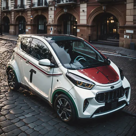 1(dr1 city car) (red, white and green striped:1.2) in Rome, Colosseo in the behind, early morning summer dawn light, masterpiece, best quality, anime, highly detailed background, perfect lighting, best quality, 4k, 8k, ultra highres, raw photo in hdr, sharp focus, intricate texture, best quality, 4k, 8k, ultra masterpiece, 4K, high quality, dgtlv2 <lora:dr1citycar-000005:1>