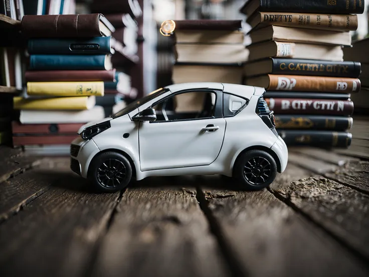 matchbox car 1(drc city car:1.3) on a desk between books, a child's hand holds it from the roof, detailed high quality, masterpiece, best quality, highly detailed background, perfect lighting, 4k, 8k, ultra highres, raw photo in hdr, sharp focus, intricate texture, ultra masterpiece, high quality, dgtlv2   <lora:drccitycar_v0.3-000005:1>