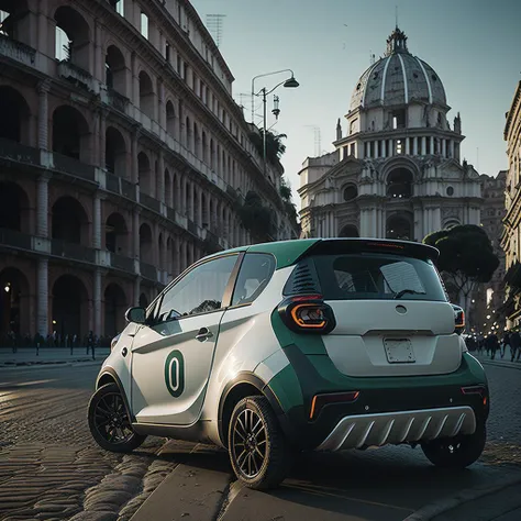 1(drc city car) white with (green and red stripes:1.2) in Rome, Colosseo in the behind, early morning summer dawn light, by Steven Stalenhag, masterpiece, best quality, anime, highly detailed background, perfect lighting, best quality, 4k, 8k, ultra highres, raw photo in hdr, sharp focus, intricate texture, best quality, 4k, 8k, ultra masterpiece, 4K, high quality, dgtlv2 <lora:drccitycar_v0.3-000005:1> <lora:21Stalenhag:.6>