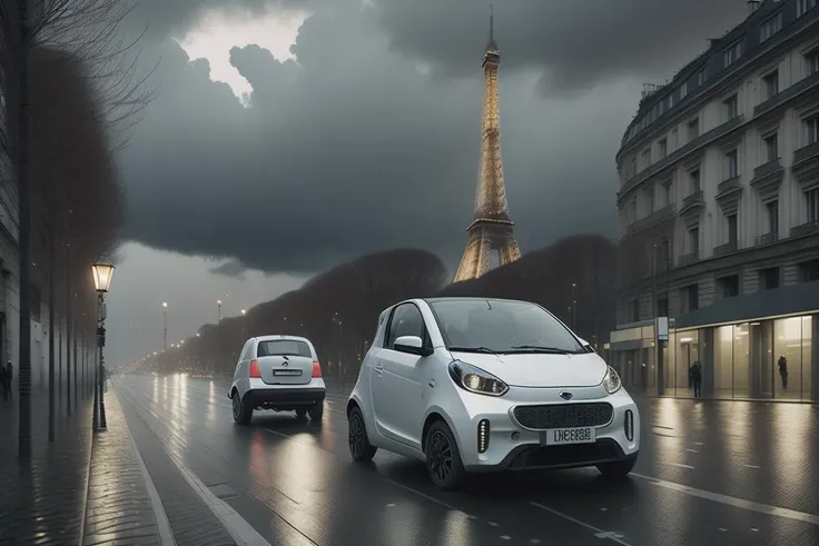 1(drc city car) driving in Paris on Avenue des Champs-lyses, rainy and stormy day, (water dust:1.3), Eiffel towers in the behind, by Steven Stalenhag, masterpiece, best quality, highly detailed background, perfect lighting, best quality, 4k, 8k, ultra highres, raw photo in hdr, sharp focus, intricate texture, ultra masterpiece, high quality, dgtlv2 <lora:drccitycar_v0.3-000005:1> <lora:21Stalenhag:1>