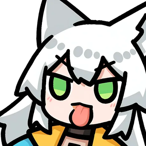 chibi,1girl,solo,green eyes,open mouth,long hair,white hair,animal ears,animal ear fluff,eyebrows visible through hair,medium breasts,navel,bare shoulders,yellow jacket,yellow skirt,crop top,midriff,looking_at_viewer,iewer,tongue out,long tongue,portrait,close up,face focus,best quality,amazing quality,very aesthetic,absurdres,, <lora:50G-000008:0.8>