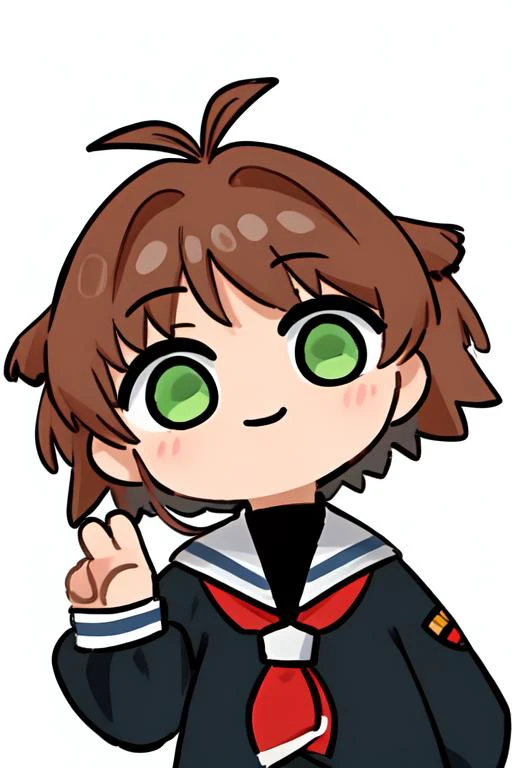 50g,1girl,kinomoto sakura,antenna hair,brown hair,short hair,twintails,green eyes,black shirt,long sleeves,neckerchief,sailor collar,school uniform,serafuku,white skirt,tomoeda elementary school uniform,smile,upper body,solo,looking at viewer,simple background,best quality,amazing quality,very aesthetic,absurdres,<lora:SakuraCardCaptor:1>,, <lora:50G-000008:0.6>