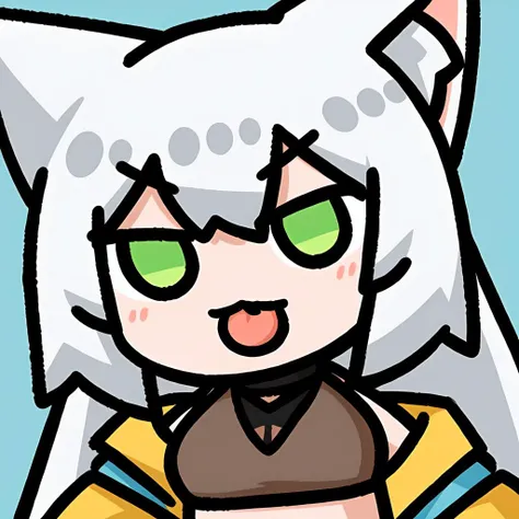 chibi,1girl,solo,green eyes,open mouth,long hair,white hair,animal ears,animal ear fluff,eyebrows visible through hair,medium breasts,navel,bare shoulders,yellow jacket,yellow skirt,crop top,midriff,looking_at_viewer,iewer,tongue out,long tongue,portrait,close up,face focus,best quality,amazing quality,very aesthetic,absurdres,, <lora:50G-000008:0.8>