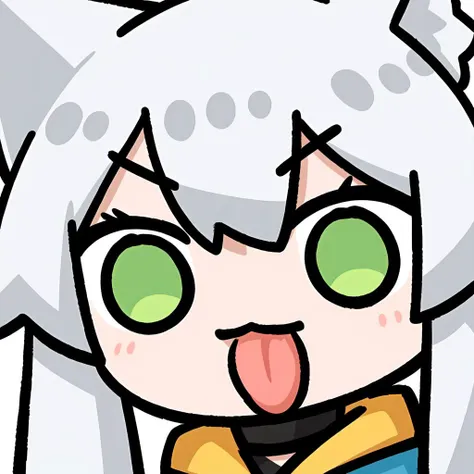 chibi,1girl,solo,green eyes,open mouth,long hair,white hair,animal ears,animal ear fluff,eyebrows visible through hair,medium breasts,navel,bare shoulders,yellow jacket,yellow skirt,crop top,midriff,looking_at_viewer,iewer,tongue out,long tongue,portrait,close up,face focus,best quality,amazing quality,very aesthetic,absurdres,, <lora:50G-000008:0.6>