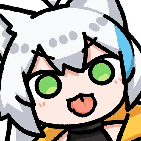 chibi,1girl,solo,green eyes,open mouth,long hair,white hair,animal ears,animal ear fluff,eyebrows visible through hair,medium breasts,navel,bare shoulders,yellow jacket,yellow skirt,crop top,midriff,looking_at_viewer,iewer,tongue out,long tongue,portrait,close up,face focus,best quality,amazing quality,very aesthetic,absurdres,, <lora:50G-000008:0.8>