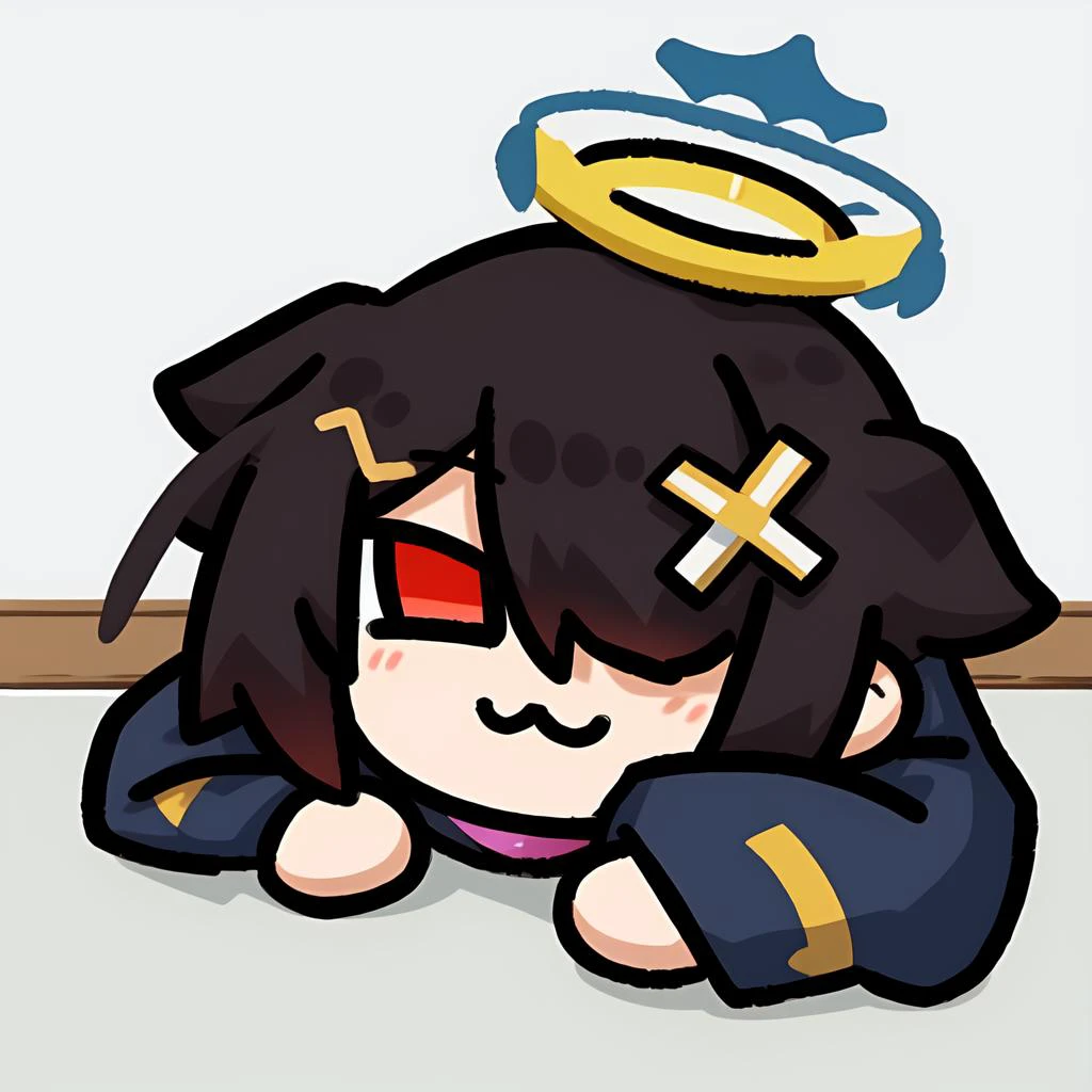 chibi,50g,{glitch art},1girl,solo,:3,{{mesugaki}},[naughty face],medium hair,halo,[x hair ornament],[[hollow eyes]],dark blue eyes,dark blue hair,{hair over one eye},[perfect oval iris],long sleeves,long sailor collar,mosaic,[The background features a Weird Core style],best quality,amazing quality,very aesthetic,absurdres,, <lora:50G-000008:0.8>