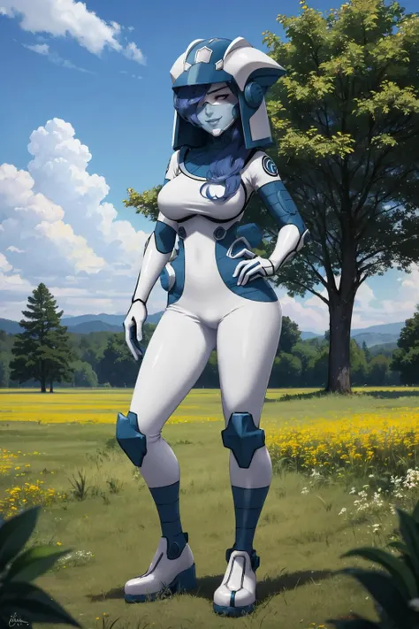 masterpiece, best quality, soliera, blue skin, helmet, cleavage, large breasts, white bodysuit, sitting on ground, from above, surprised <lora:soliera-nvwls-v1-000010:0.9>