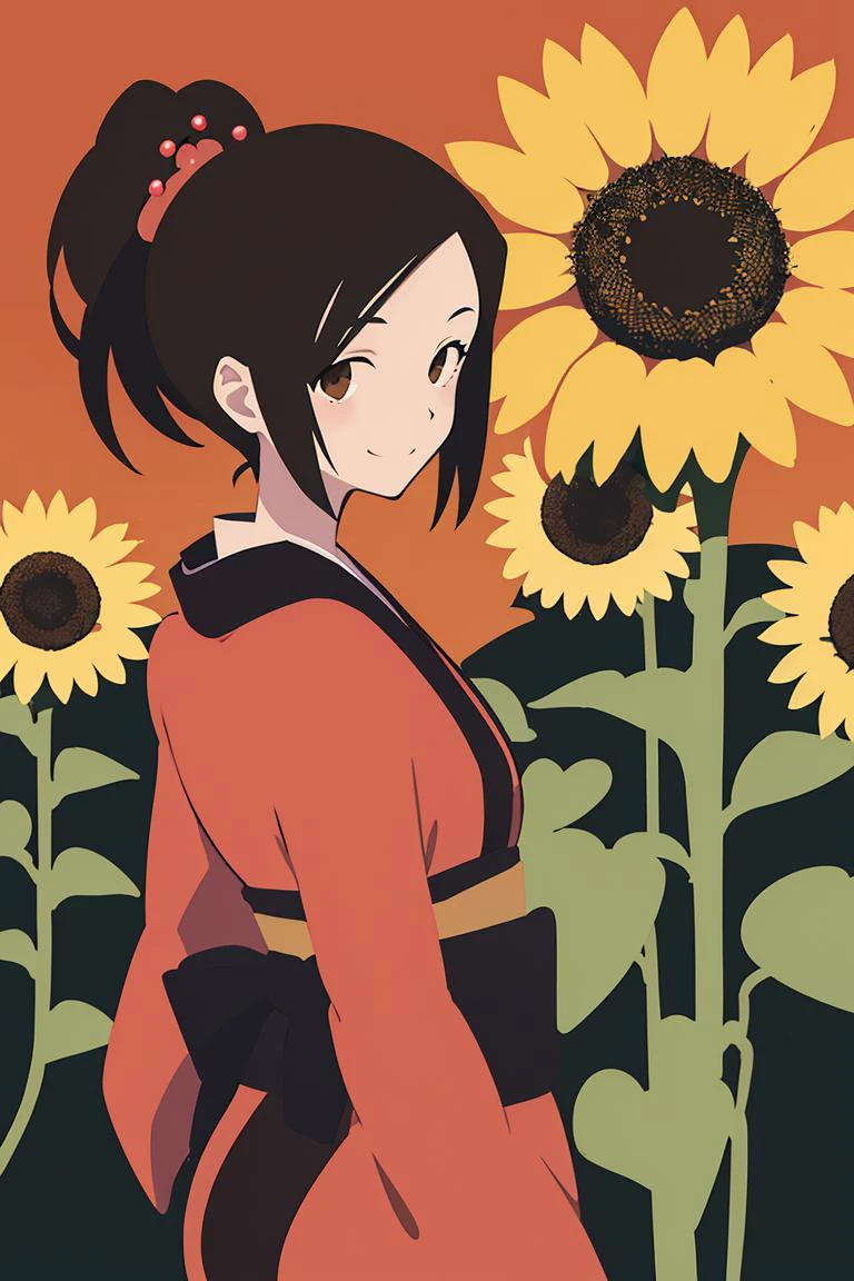 1girl, solo, <lora:è§è²-é£fuu, kimono, hair ornament, hair stick, ponytail:0.8>, brown eyes, fuu, kimono, hair ornament, ponytail, flower field, (sunflower:1.1), smile, (looking back:1.2), (arms behind back:1.2), <lora:ç»é£-æç®ç¢éanime minimalist:0.7>, anime minimalist,