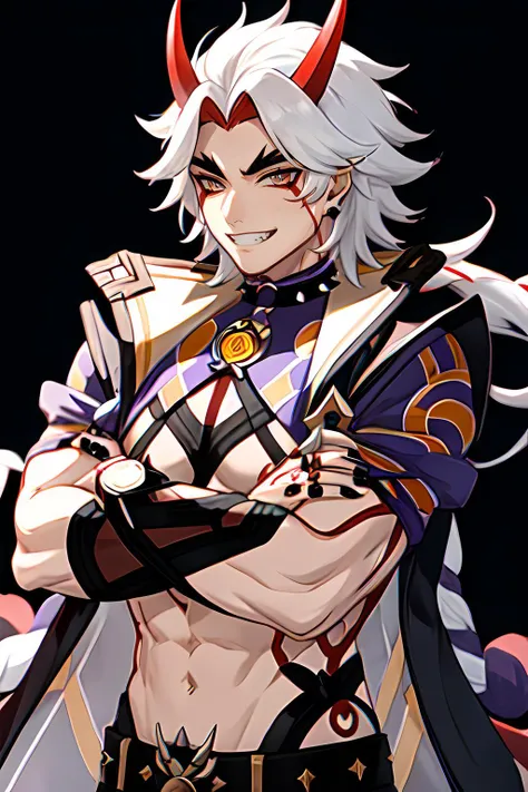 <lora:itto:1> 1boy, male focus, black nails, arataki itto, horns, solo, white hair, spikes, vision (genshin impact), jewelry, upper body, grin, crossed arms,