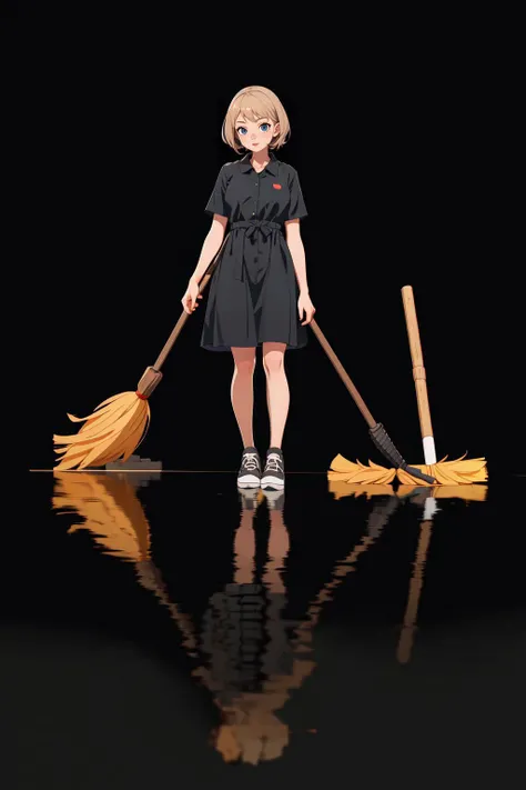 1girl,solo,broom,sweeping the floor,